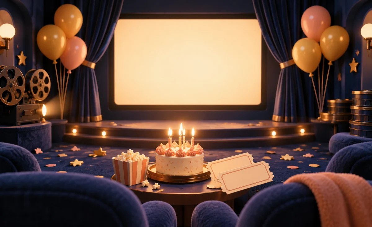 Un cine de cumpleaños en miniatura con un pequeño pastel, entradas de cine en blanco y delicado confeti alrededor de una pantalla que brilla suavemente; melocotón, amarillo limón y azul medianoche.