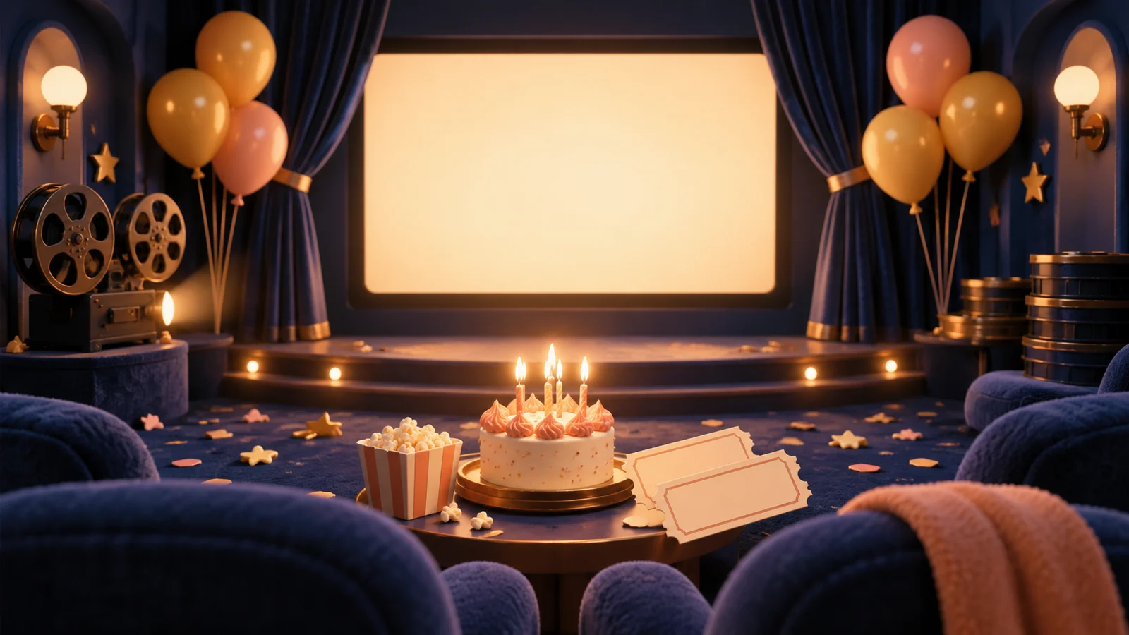 Un cine de cumpleaños en miniatura con un pequeño pastel, entradas de cine en blanco y delicado confeti alrededor de una pantalla que brilla suavemente; melocotón, amarillo limón y azul medianoche.