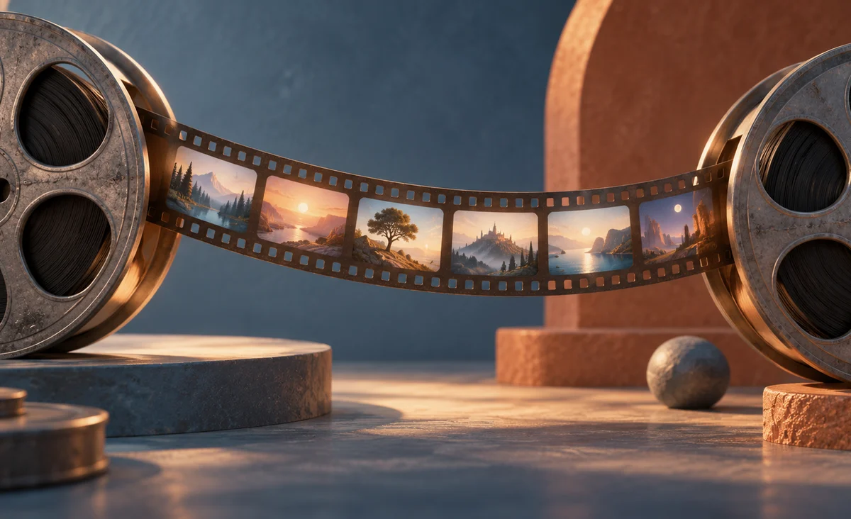Una tira corta de película rizada que une dos carretes de episodios más grandes, pequeños fotogramas iluminados que parecen recuerdos con paisajes abstractos; azul polvoriento, terracota y crema.