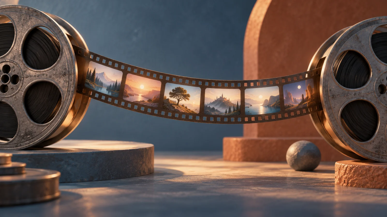 Una tira corta de película rizada que une dos carretes de episodios más grandes, pequeños fotogramas iluminados que parecen recuerdos con paisajes abstractos; azul polvoriento, terracota y crema.