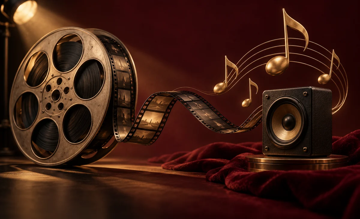 Un carrete de película escultórico que fluye en algunas elegantes formas de notas musicales alrededor de un altavoz de cine en miniatura, charcos de luz cinematográficos; burdeos intenso, latón y carbón.