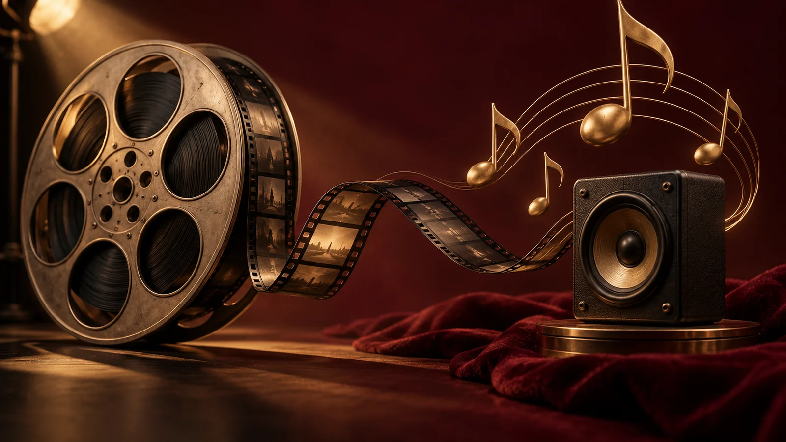 Un carrete de película escultórico que fluye en algunas elegantes formas de notas musicales alrededor de un altavoz de cine en miniatura, charcos de luz cinematográficos; burdeos intenso, latón y carbón.