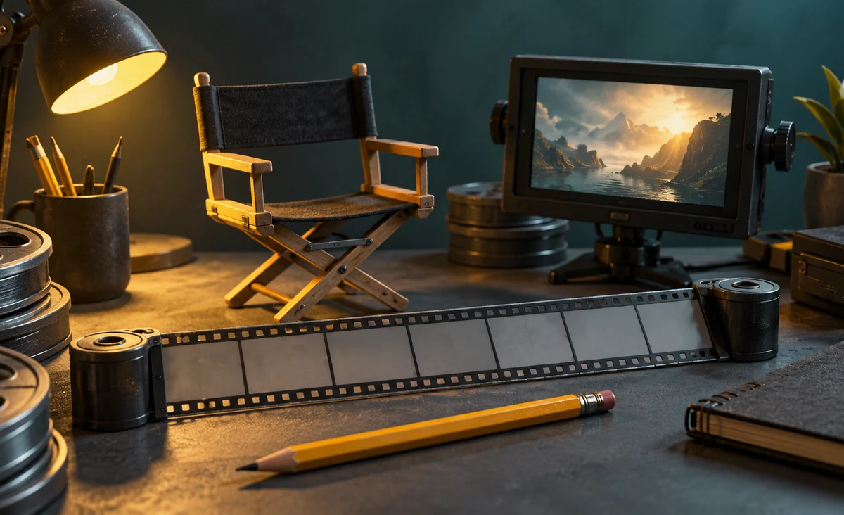 Una mesa de edición en miniatura con una línea de tiempo de una tira de película en blanco, una silla de director, un lápiz y un monitor de proyección compacto, sin interfaz de usuario de software; grafito, verde azulado polvoriento y amarillo.