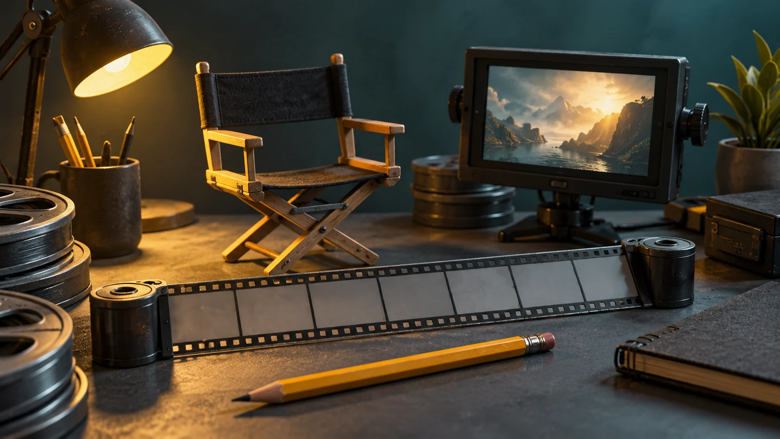 Una mesa de edición en miniatura con una línea de tiempo de una tira de película en blanco, una silla de director, un lápiz y un monitor de proyección compacto, sin interfaz de usuario de software; grafito, verde azulado polvoriento y amarillo.