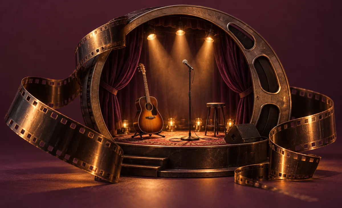 Un escenario de concierto en miniatura con una guitarra original sin marca, un micrófono y focos cálidos, una bobina de película enmarca el escenario como una proyección; berenjena, latón y carbón.