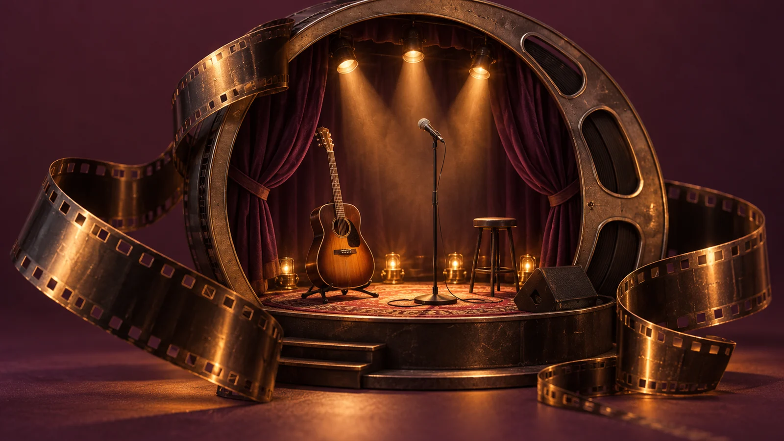 Un escenario de concierto en miniatura con una guitarra original sin marca, un micrófono y focos cálidos, una bobina de película enmarca el escenario como una proyección; berenjena, latón y carbón.
