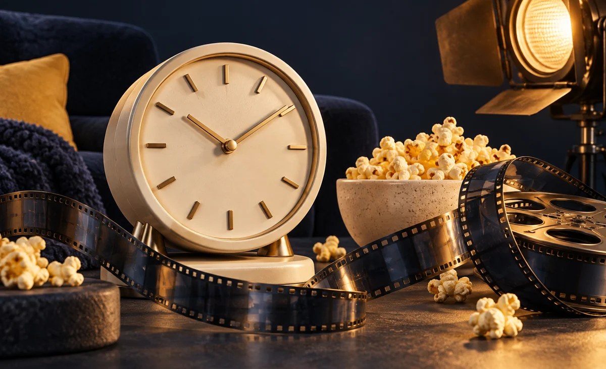 Un escultural reloj analógico junto a una tira de película rizada, palomitas de maíz y una cálida lámpara de cine; marfil, azul marino y amarillo mantequilla.