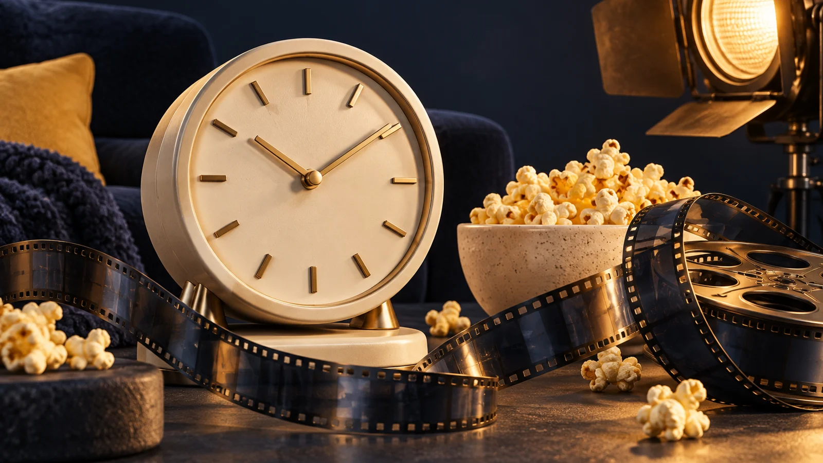 Un escultural reloj analógico junto a una tira de película rizada, palomitas de maíz y una cálida lámpara de cine; marfil, azul marino y amarillo mantequilla.
