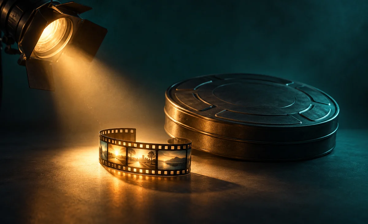 Una pequeña tira de película de vista previa iluminada al lado de un bote de película cerrado de tamaño completo, el foco del cine enfocado sólo en la tira pequeña; verde azulado, ámbar y grafito.