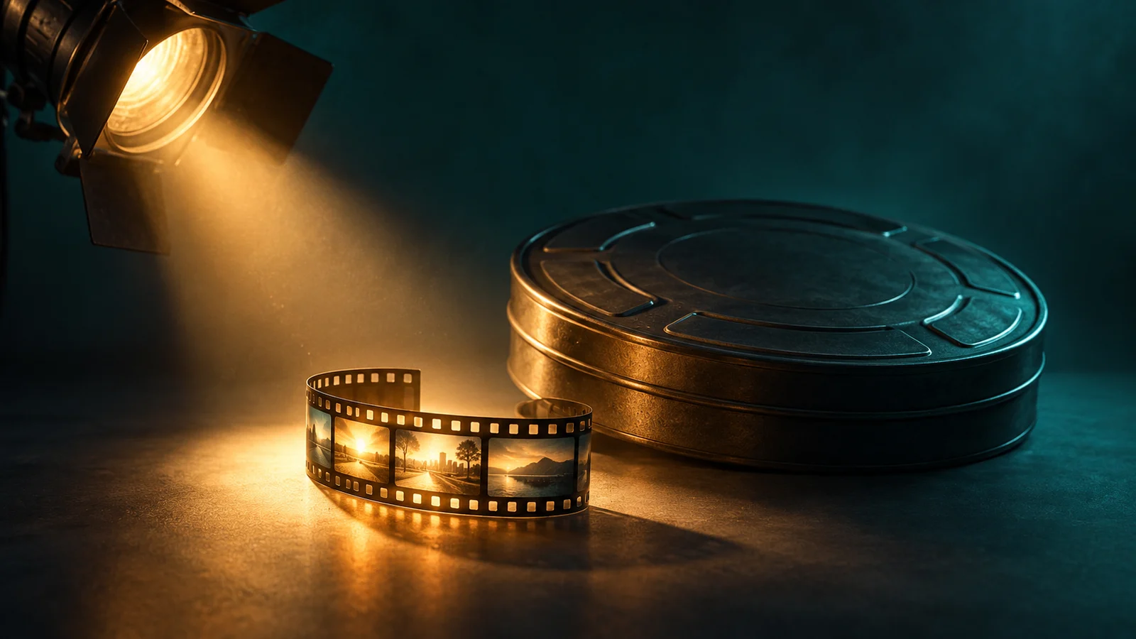 Una pequeña tira de película de vista previa iluminada al lado de un bote de película cerrado de tamaño completo, el foco del cine enfocado sólo en la tira pequeña; verde azulado, ámbar y grafito.