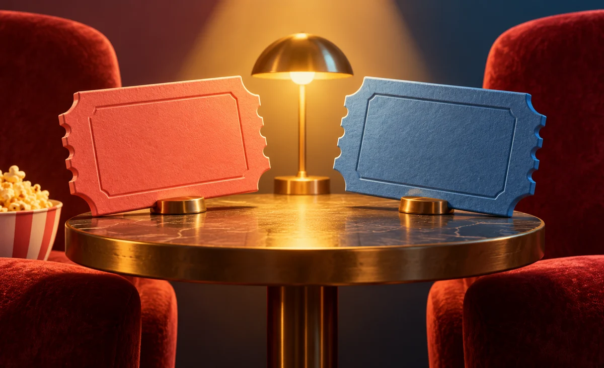 Dos esculturas en blanco contrastantes en una pequeña mesa de cine, un foco cálido centrado entre ellas; coral, azul y amarillo cremoso.