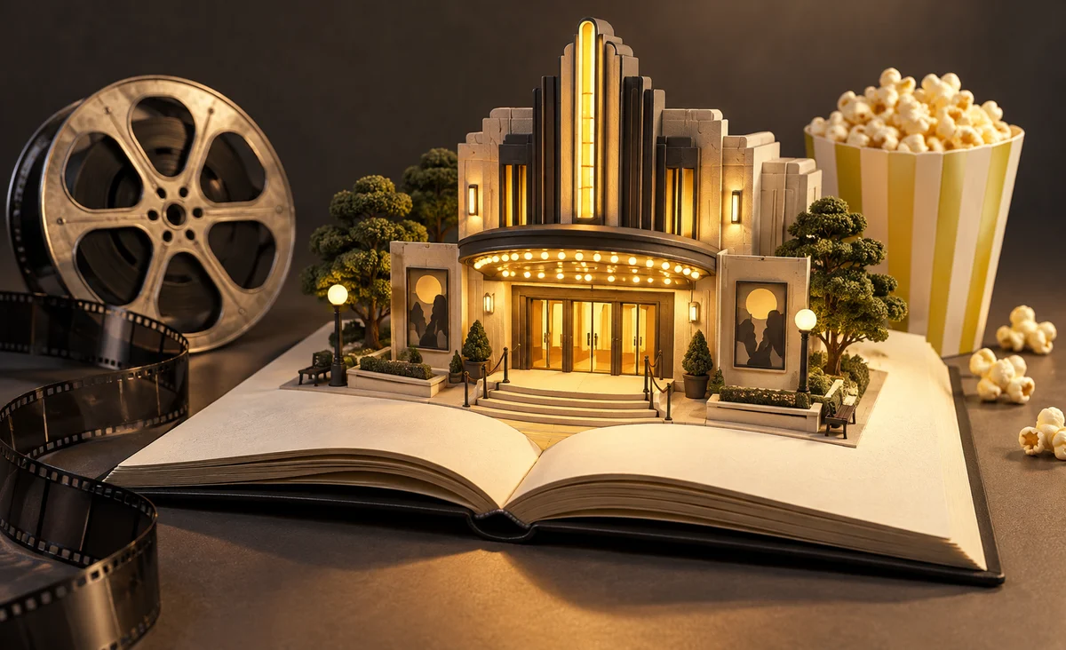 Un pequeño modelo de cine arquitectónico que surge de un cuaderno de bocetos en blanco abierto, con un carrete de película separado y palomitas de maíz listas cerca; crema cálida, carbón y amarillo lima.