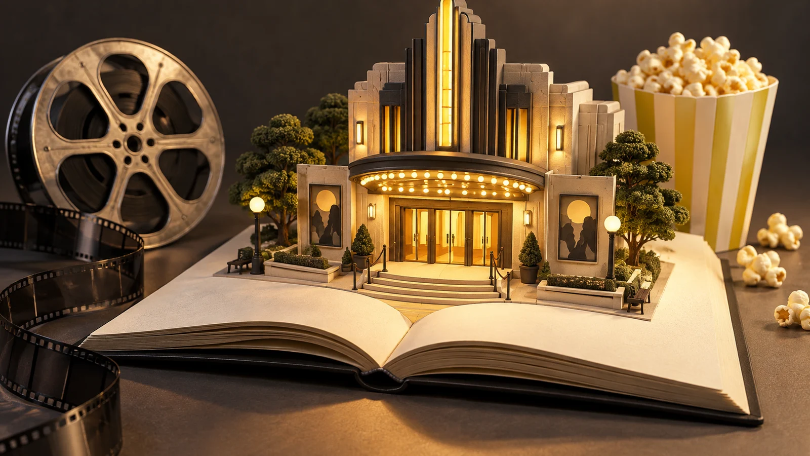 Un pequeño modelo de cine arquitectónico que surge de un cuaderno de bocetos en blanco abierto, con un carrete de película separado y palomitas de maíz listas cerca; crema cálida, carbón y amarillo lima.