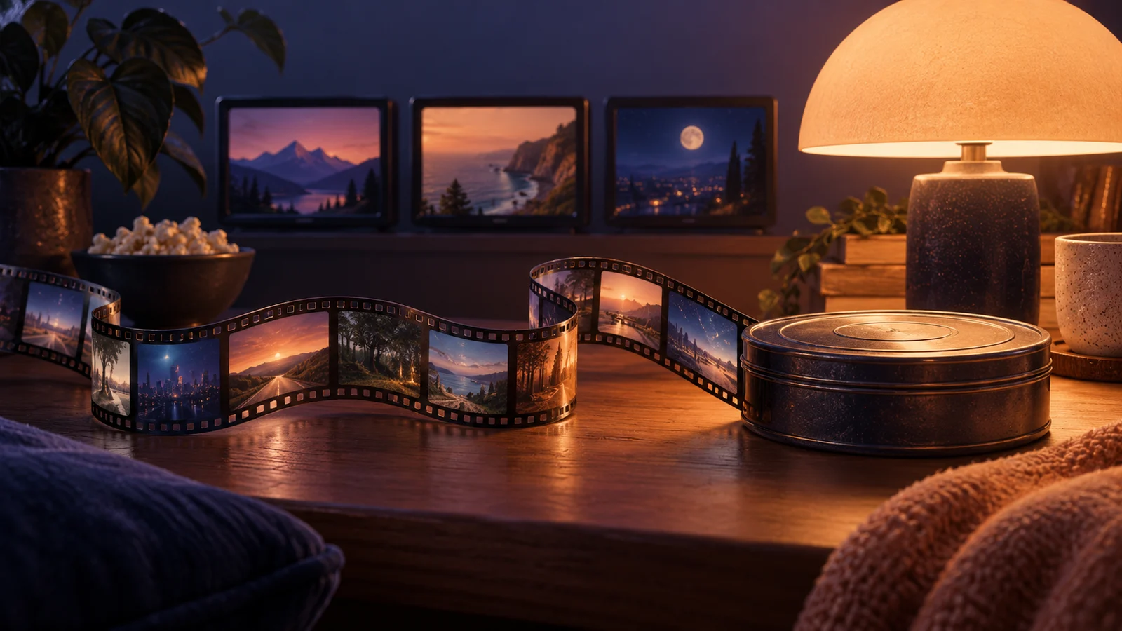 Una cinta de película episódica que termina en una lámpara acogedora y una caja de película cerrada, tres pantallas en miniatura detrás, un ambiente tranquilo al final de la noche; índigo, melocotón y crema tibia.