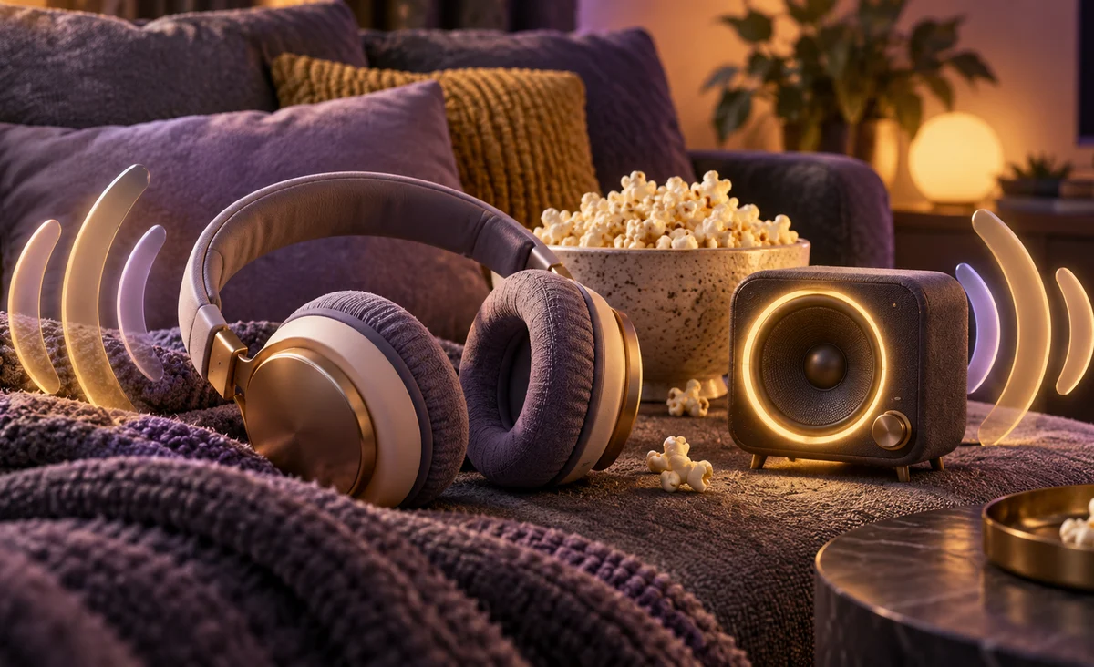 Un par de auriculares de felpa que descansan junto a un altavoz de cine en miniatura que brilla suavemente y palomitas de maíz, suaves esculturas de ondas sonoras contenidas dentro de la escena; pizarra, lavanda y miel.