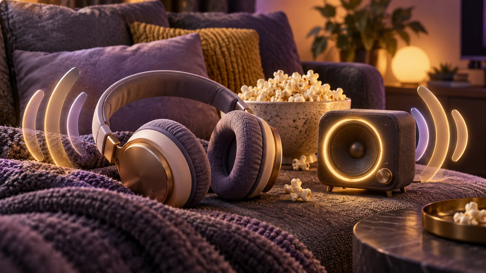 Un par de auriculares de felpa que descansan junto a un altavoz de cine en miniatura que brilla suavemente y palomitas de maíz, suaves esculturas de ondas sonoras contenidas dentro de la escena; pizarra, lavanda y miel.