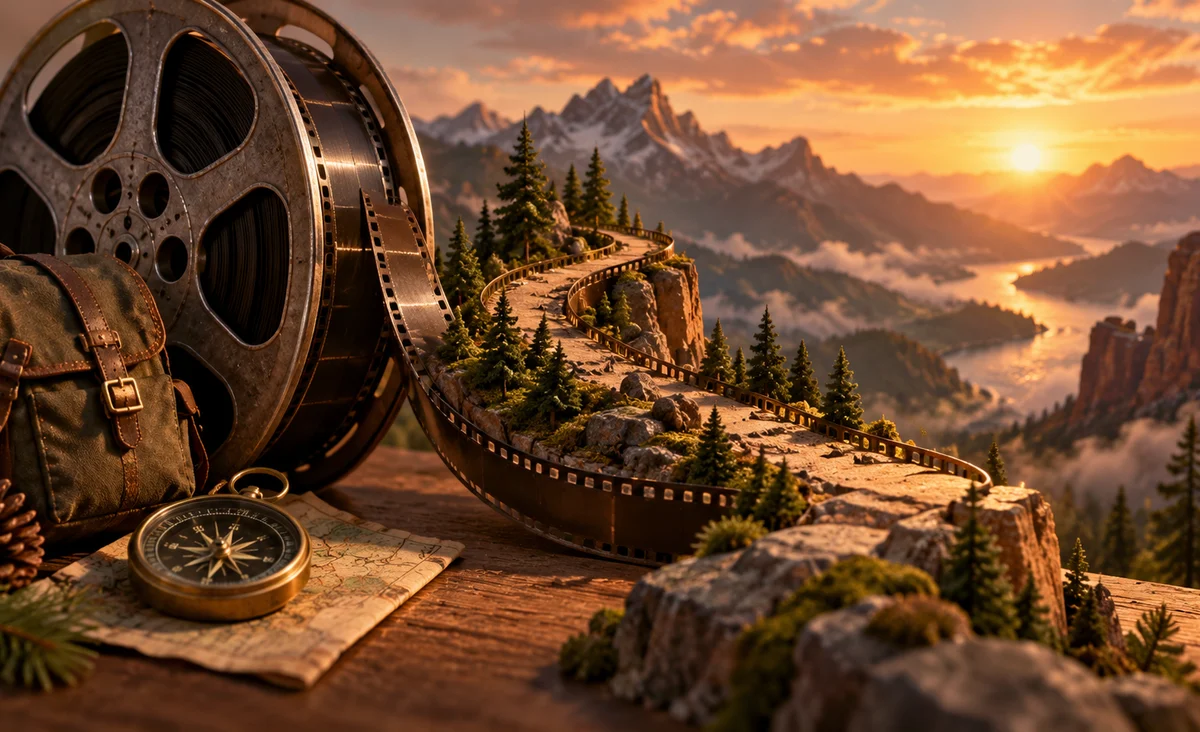 Un original sendero de montaña en miniatura que sale de un carrete de película hacia un horizonte brillante distante, una pequeña brújula y una bolsa de viaje en primer plano; pino, arenisca y ámbar.