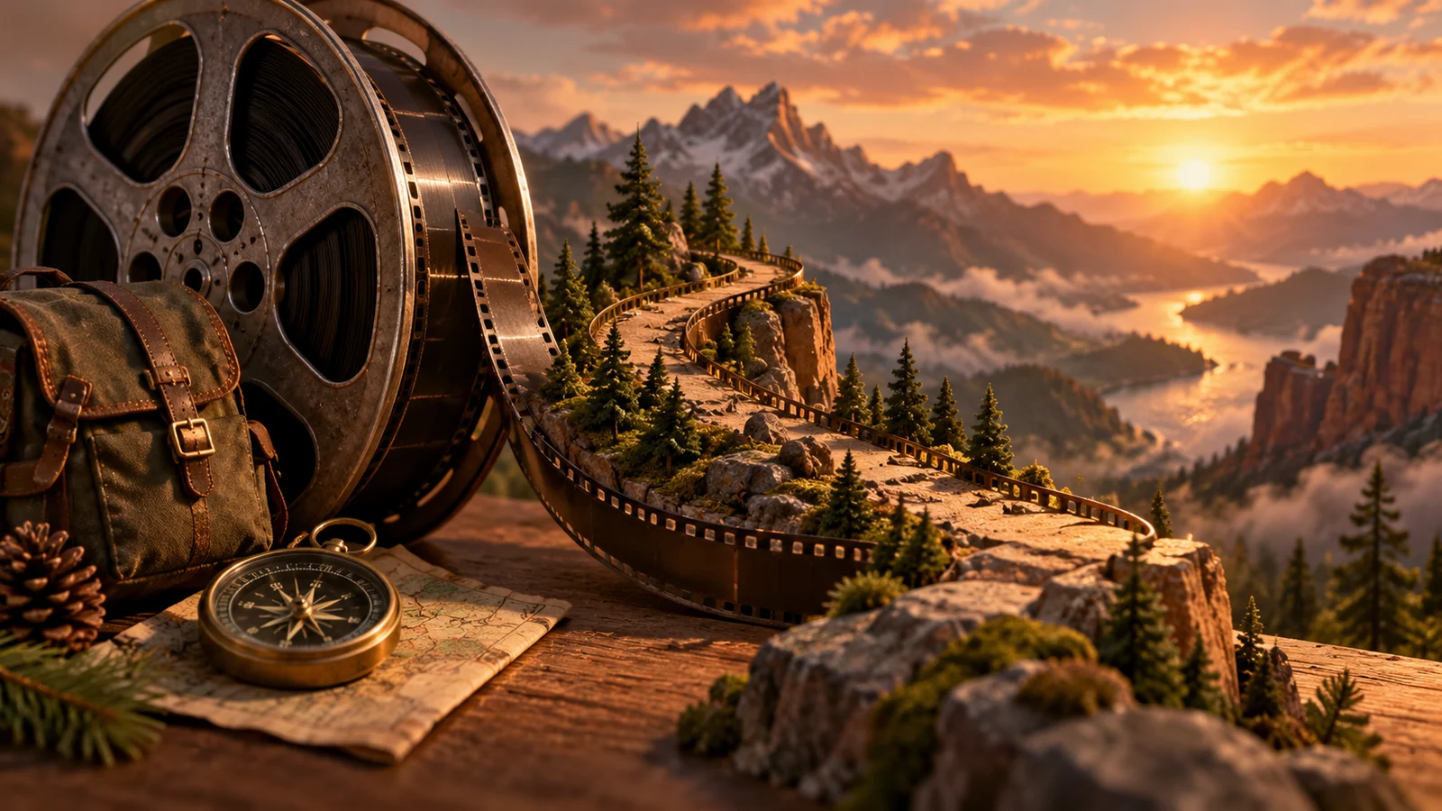 Un original sendero de montaña en miniatura que sale de un carrete de película hacia un horizonte brillante distante, una pequeña brújula y una bolsa de viaje en primer plano; pino, arenisca y ámbar.