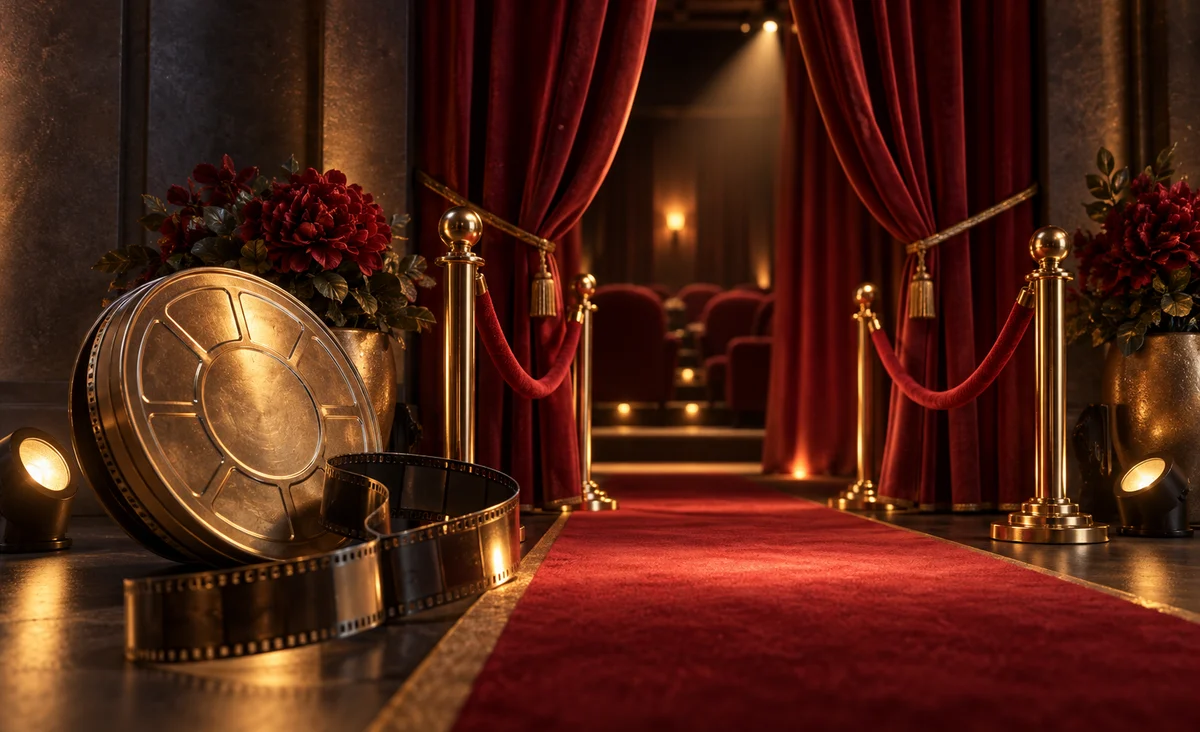Una íntima entrada de estreno en miniatura con una alfombra corta de color rojo cálido, un bote de película original y cortinas de cine que brillan suavemente, sin marcas; burdeos, carbón y oro.