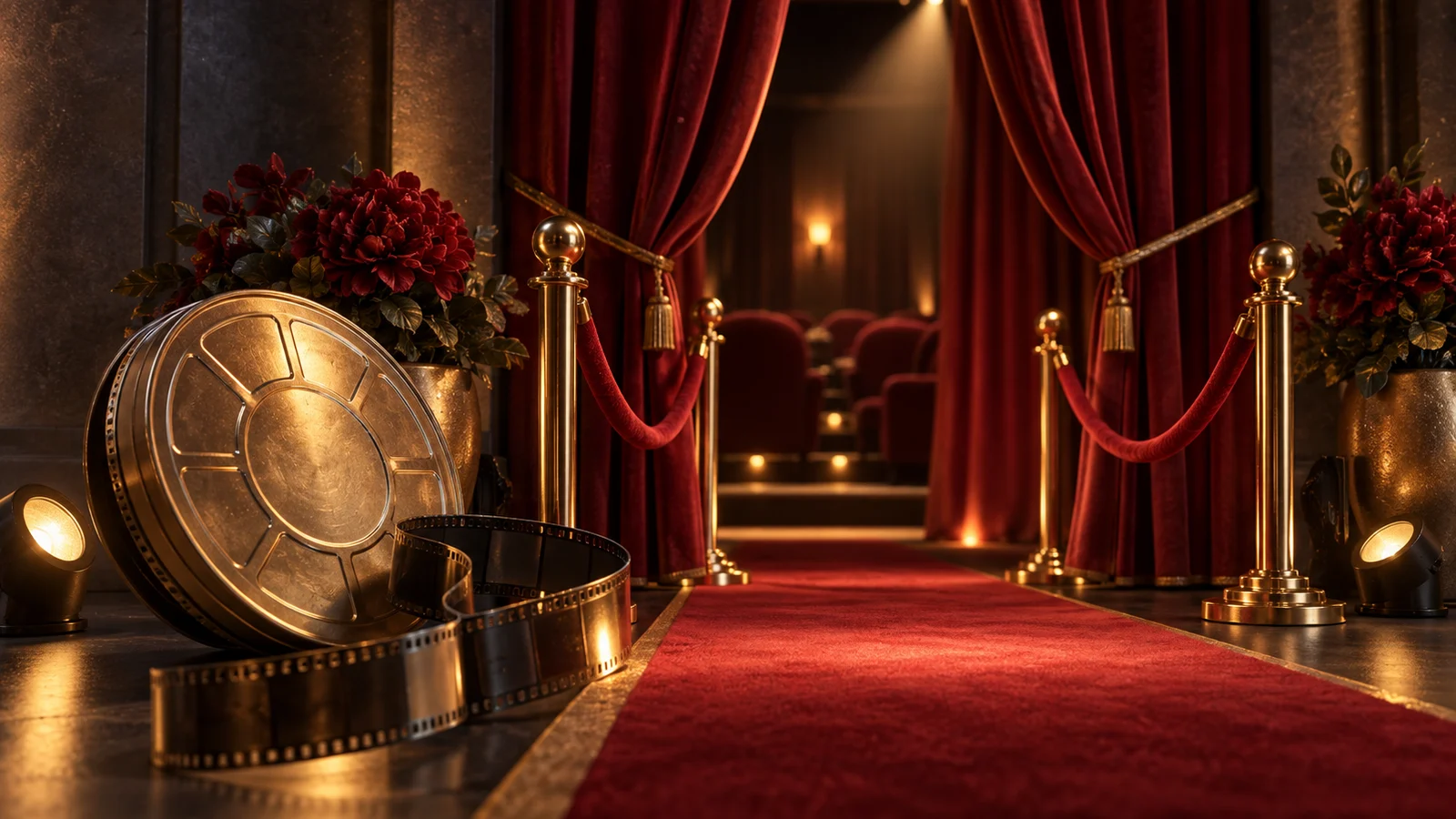 Una íntima entrada de estreno en miniatura con una alfombra corta de color rojo cálido, un bote de película original y cortinas de cine que brillan suavemente, sin marcas; burdeos, carbón y oro.