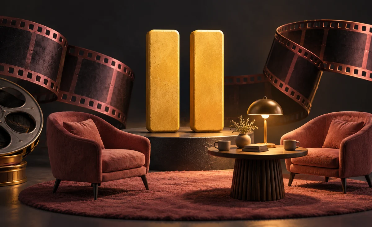 Un símbolo de pausa escultural entre dos trozos de cinta de película suavemente separados, una pequeña mesa de discusión y una lámpara cálida cerca; carbón, rosa polvoriento y amarillo.