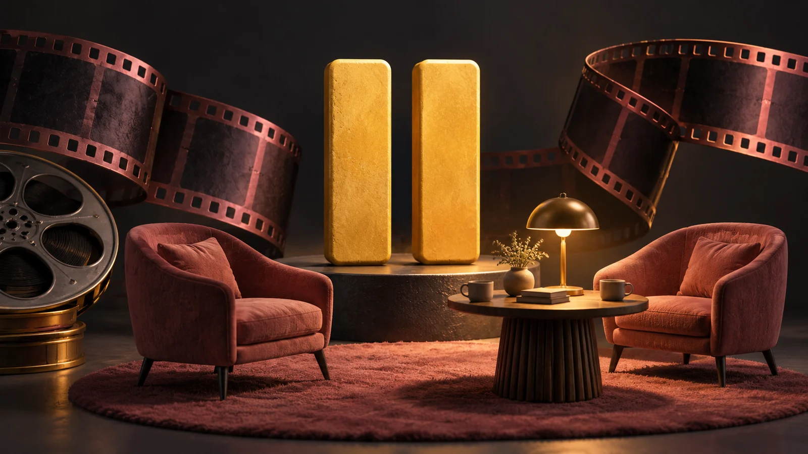 Un símbolo de pausa escultural entre dos trozos de cinta de película suavemente separados, una pequeña mesa de discusión y una lámpara cálida cerca; carbón, rosa polvoriento y amarillo.