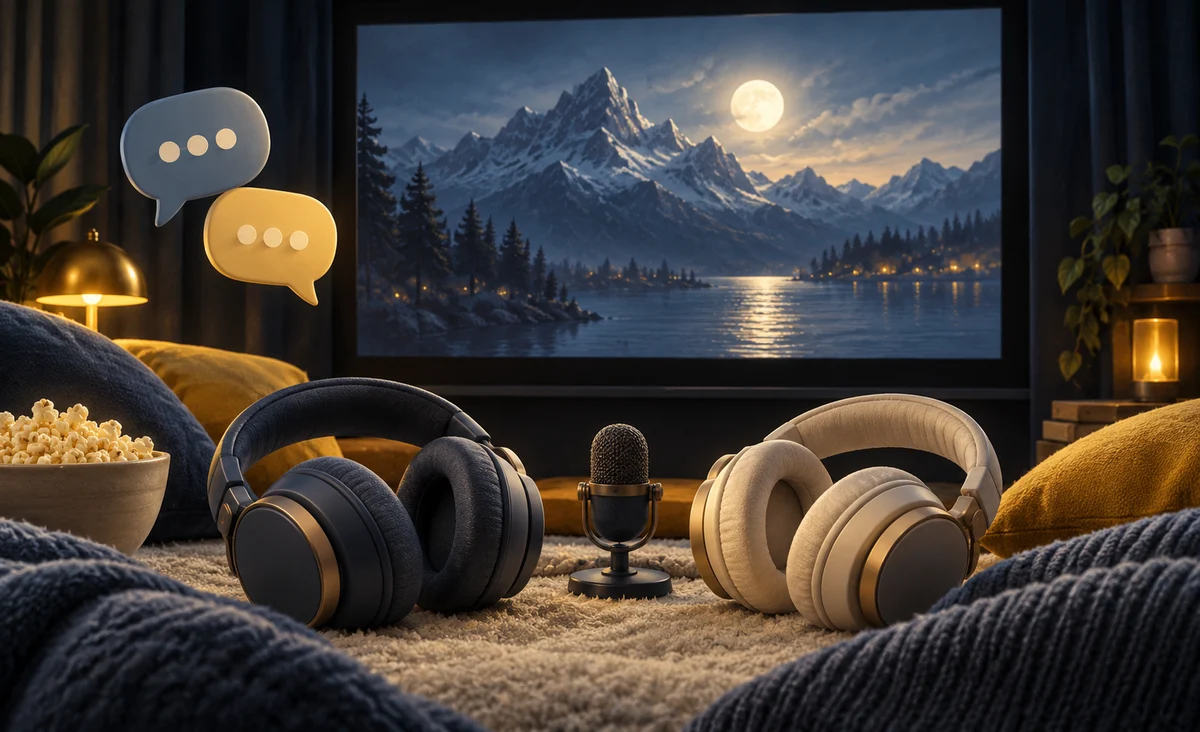 Dos auriculares táctiles y un pequeño micrófono al lado de una pantalla de cine, burbujas de discurso suaves mantenidas a un lado para que la pantalla permanezca clara; gris azul, crema y amarillo.