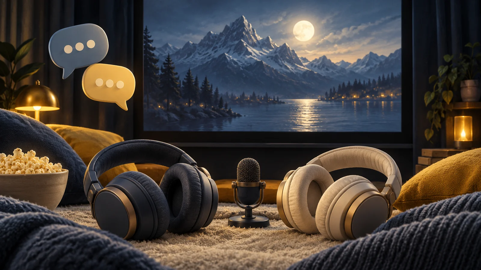 Dos auriculares táctiles y un pequeño micrófono al lado de una pantalla de cine, burbujas de discurso suaves mantenidas a un lado para que la pantalla permanezca clara; gris azul, crema y amarillo.