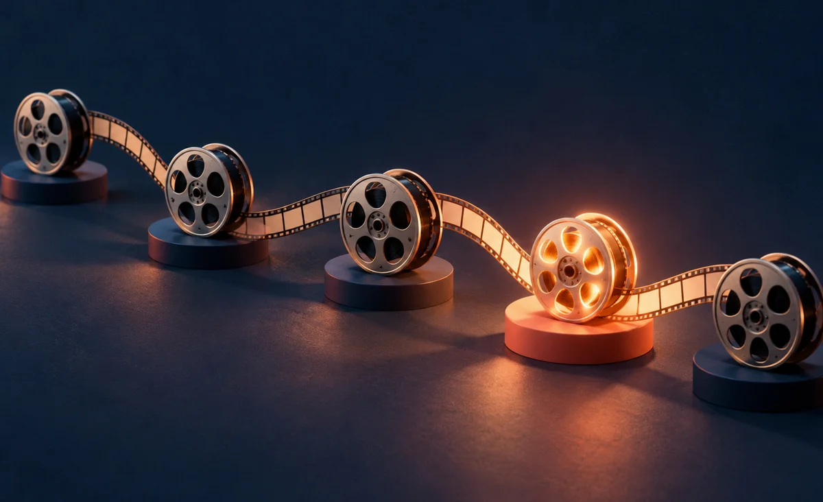 Una serie de cinco carretes de película en miniatura conectados por un amplio recorrido cinematográfico con el siguiente carrete brillando cálidamente, sin números ni títulos; azul marino, coral y crema.