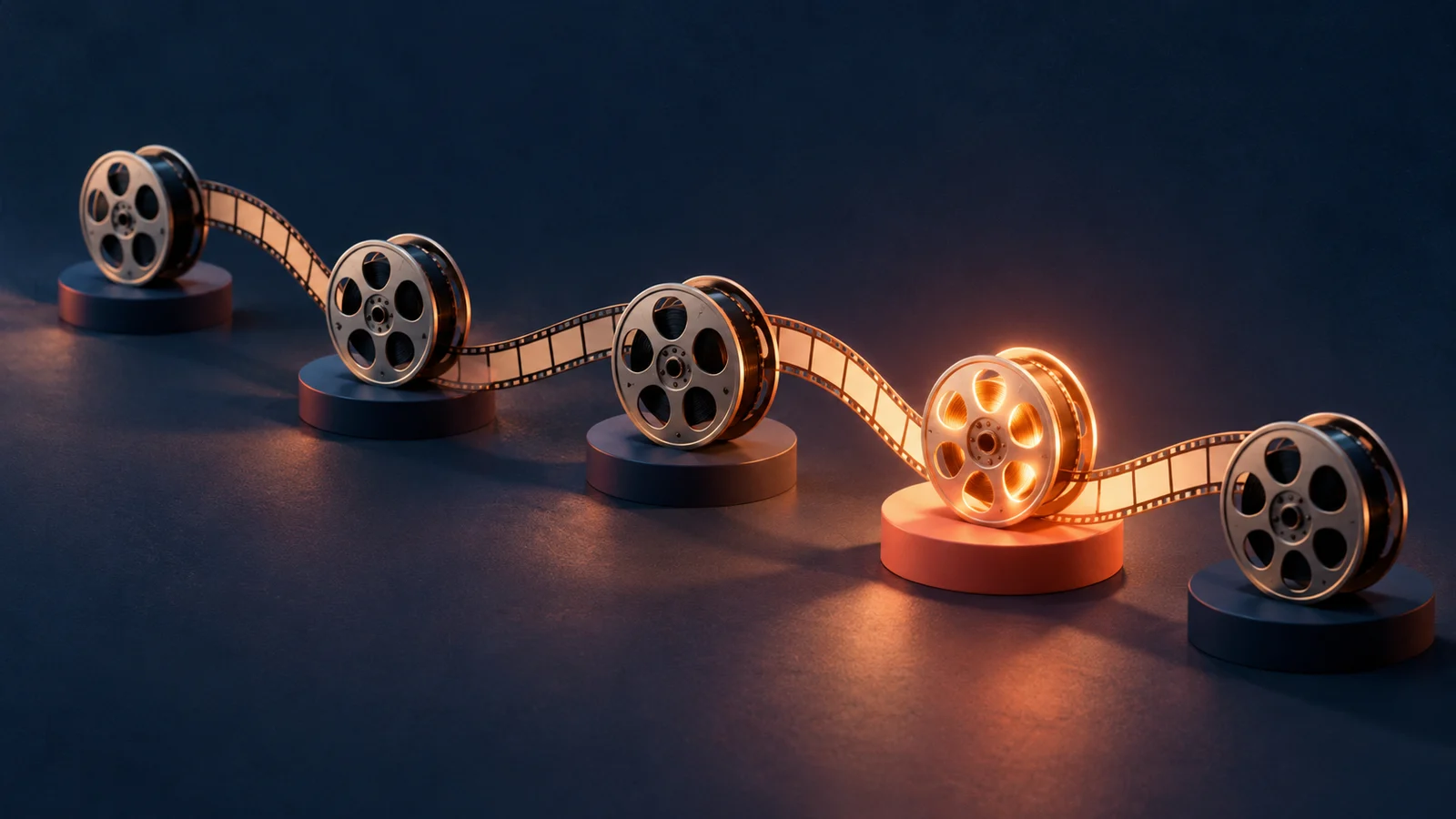 Una serie de cinco carretes de película en miniatura conectados por un amplio recorrido cinematográfico con el siguiente carrete brillando cálidamente, sin números ni títulos; azul marino, coral y crema.