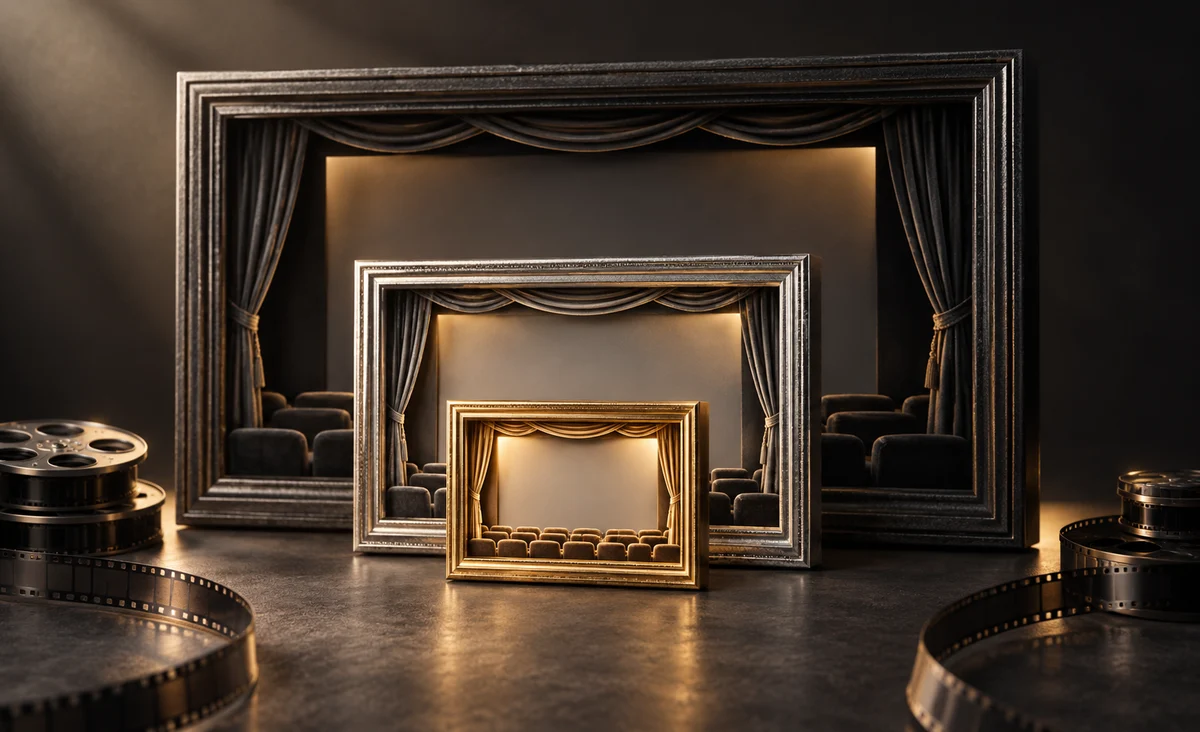Tres elegantes cuadros de cine vacíos en miniatura de diferentes proporciones anidados sin recortarse entre sí, con la luz brillando a través de sus bordes; carbón, plata y oro pálido.