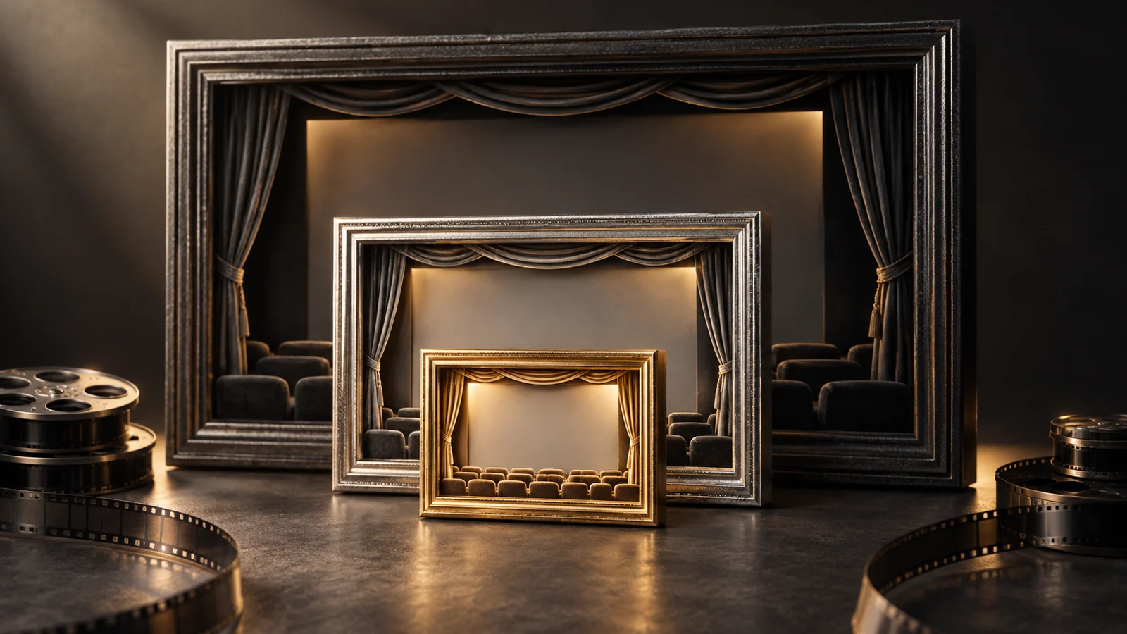 Tres elegantes cuadros de cine vacíos en miniatura de diferentes proporciones anidados sin recortarse entre sí, con la luz brillando a través de sus bordes; carbón, plata y oro pálido.