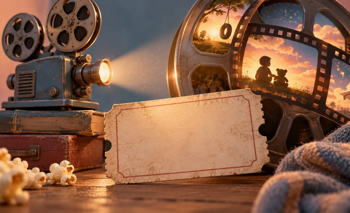 Una entrada de cine en blanco ligeramente gastada, un proyector antiguo del tamaño de un juguete y una escena de recuerdo suave y brillante dentro de un carrete de película; melocotón, azul polvoriento y marfil cálido.