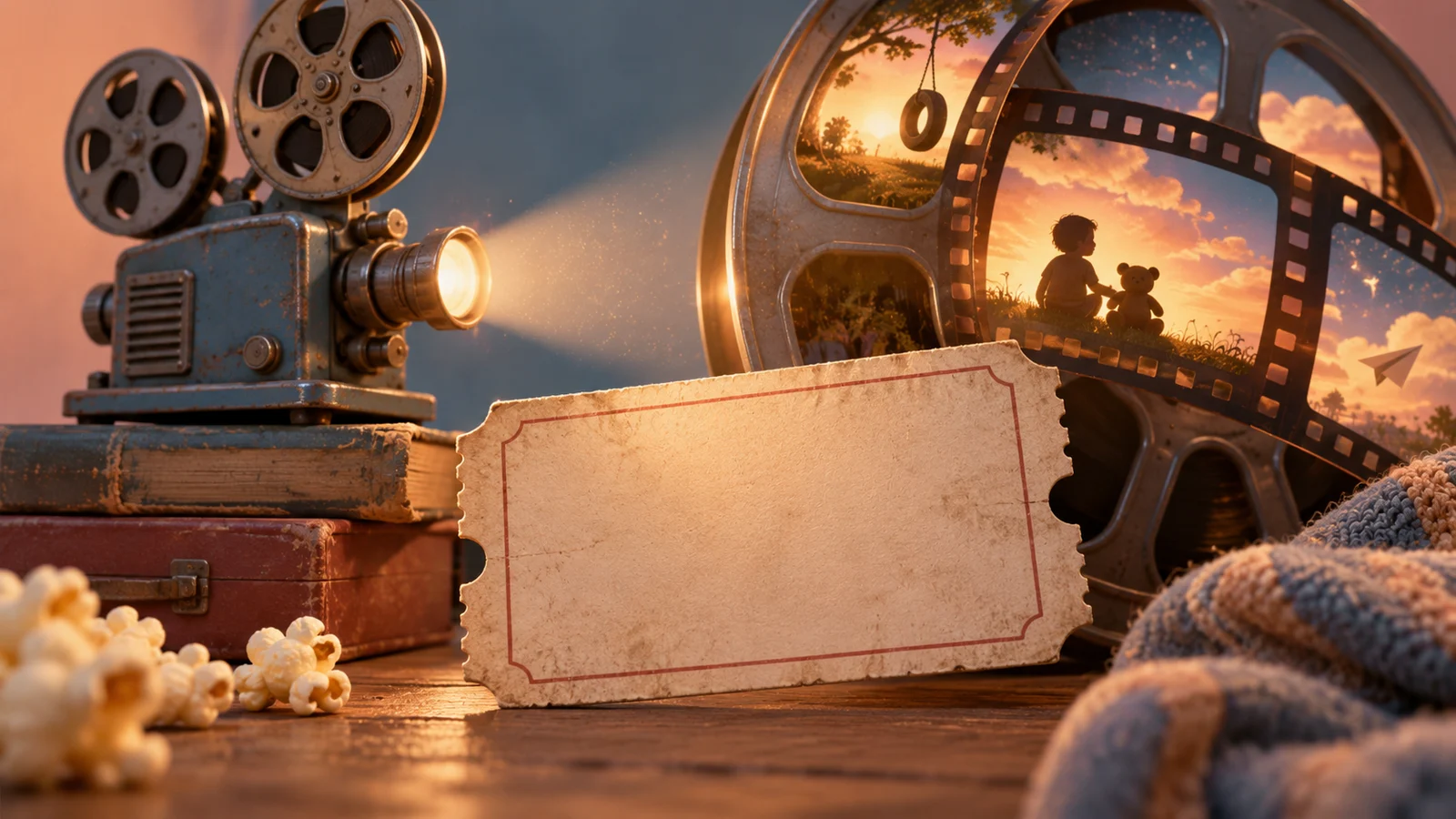 Una entrada de cine en blanco ligeramente gastada, un proyector antiguo del tamaño de un juguete y una escena de recuerdo suave y brillante dentro de un carrete de película; melocotón, azul polvoriento y marfil cálido.