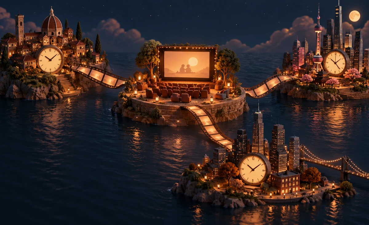 Tres relojes en miniatura en islas urbanas suavemente iluminadas conectadas por una cinta de película que fluye, un cine compartido brilla en el centro; azul medianoche, terracota y ámbar.