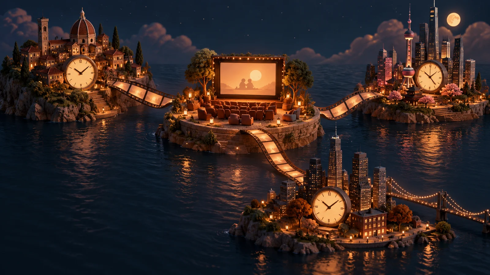 Tres relojes en miniatura en islas urbanas suavemente iluminadas conectadas por una cinta de película que fluye, un cine compartido brilla en el centro; azul medianoche, terracota y ámbar.