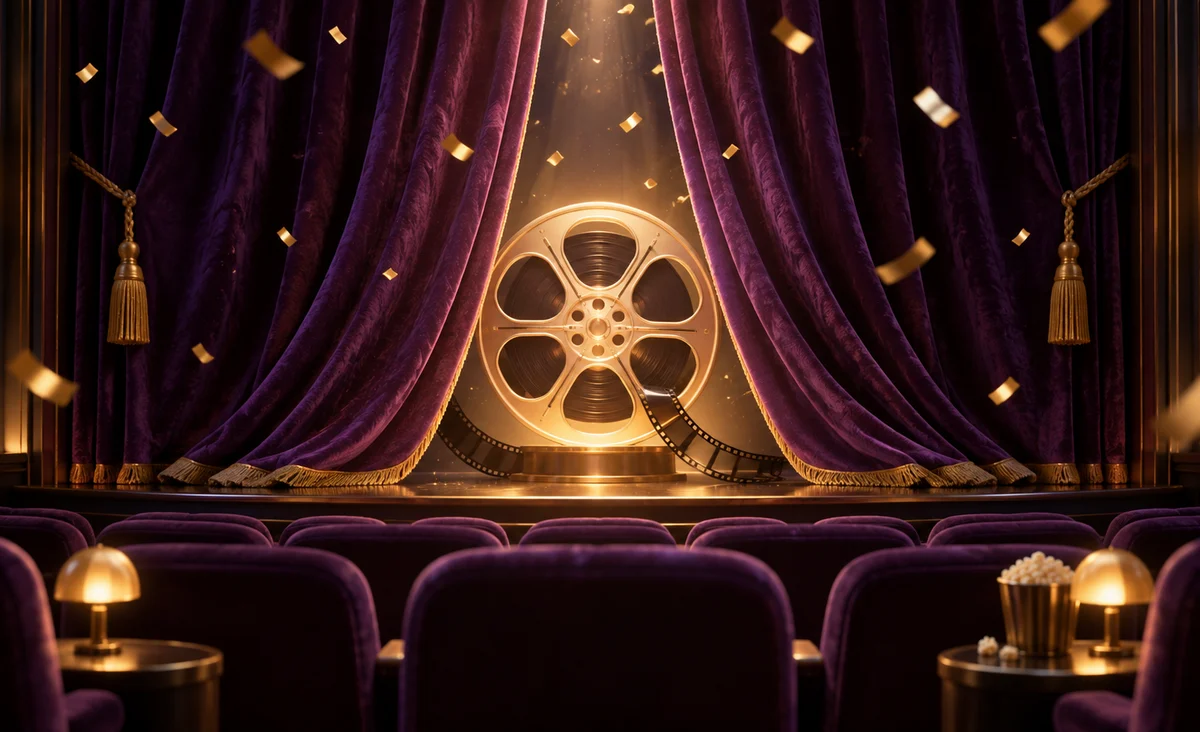 Un telón de cine en miniatura que se cierra suavemente alrededor de un carrete de episodio luminoso, confeti cálido y delicado suspendido sobre cómodos asientos; violeta intenso, dorado y carbón.