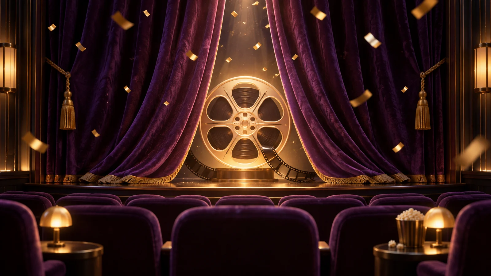 Un telón de cine en miniatura que se cierra suavemente alrededor de un carrete de episodio luminoso, confeti cálido y delicado suspendido sobre cómodos asientos; violeta intenso, dorado y carbón.