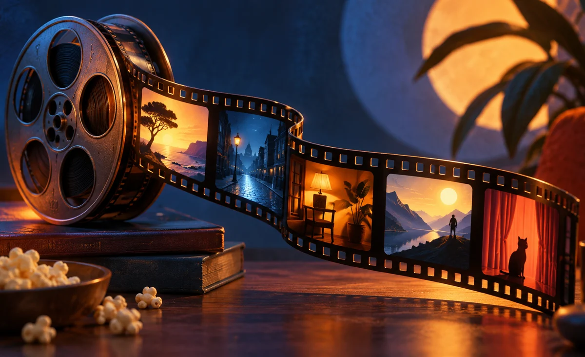 Un carrete de película que se despliega en marcos de ventanas en miniatura iluminados por colores cinematográficos contrastantes, detalles abstractos del escenario original; cobalto, naranja quemado y amarillo suave.