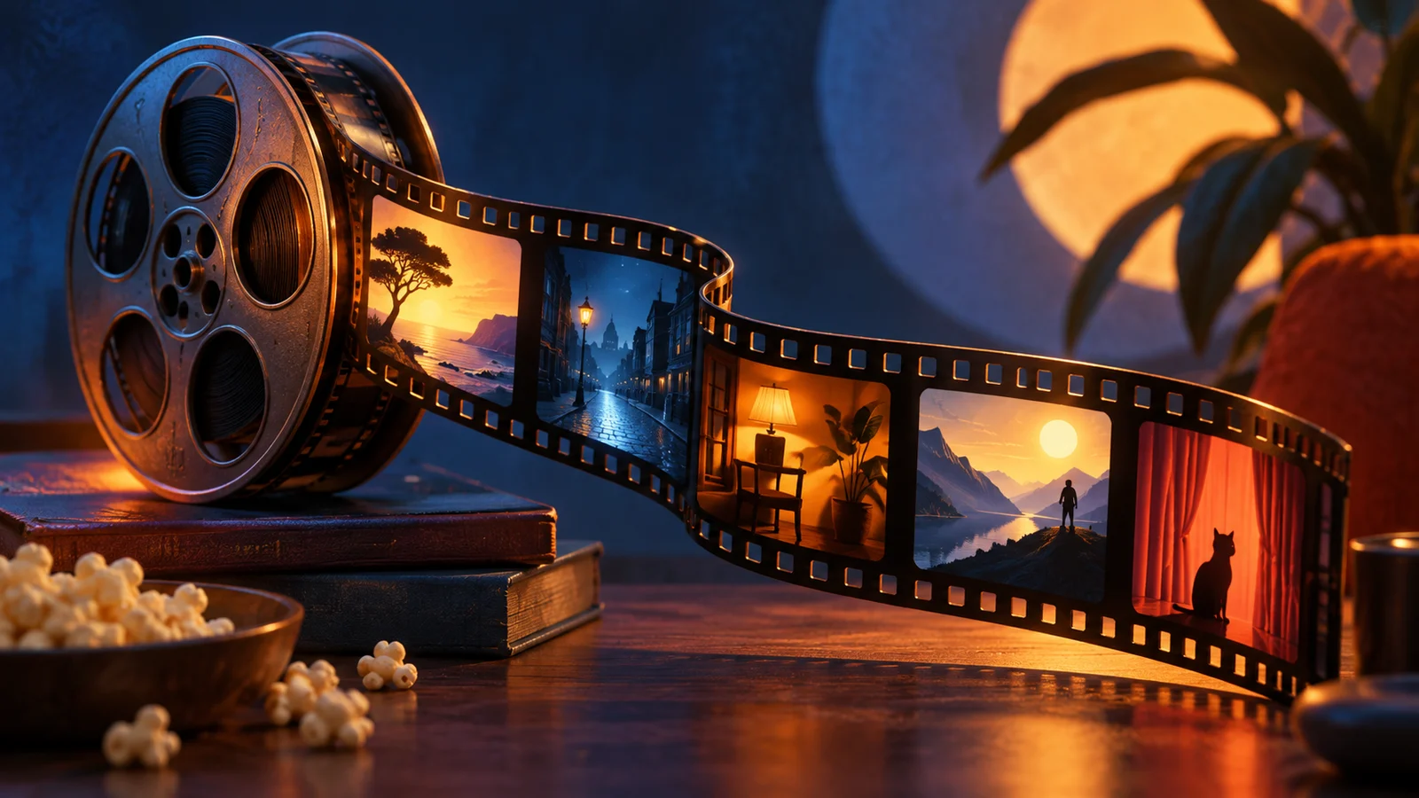 Un carrete de película que se despliega en marcos de ventanas en miniatura iluminados por colores cinematográficos contrastantes, detalles abstractos del escenario original; cobalto, naranja quemado y amarillo suave.