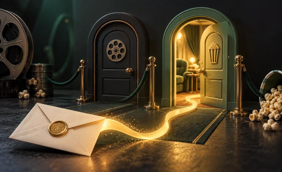 Dos puertas de cine en miniatura con sólo una cálidamente abierta, una cinta brillante de una invitación en blanco que conduce claramente a esa puerta; carbón, menta y amarillo dorado.