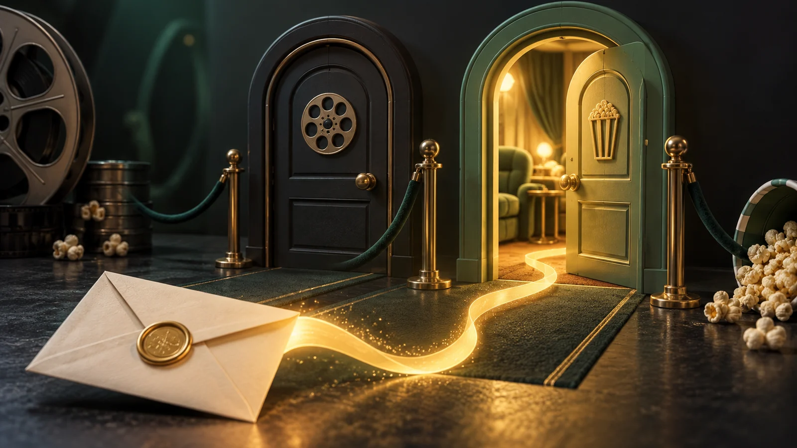 Dos puertas de cine en miniatura con sólo una cálidamente abierta, una cinta brillante de una invitación en blanco que conduce claramente a esa puerta; carbón, menta y amarillo dorado.