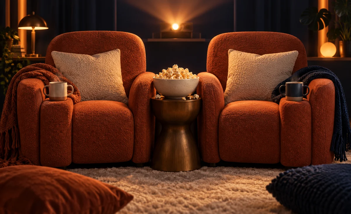 Dos acogedoras sillas de cine se cierran junto con tazas separadas y un solo tazón de palomitas de maíz, el brillo de la pantalla caliente y composición escultórica íntima; terracota, crema y marina.