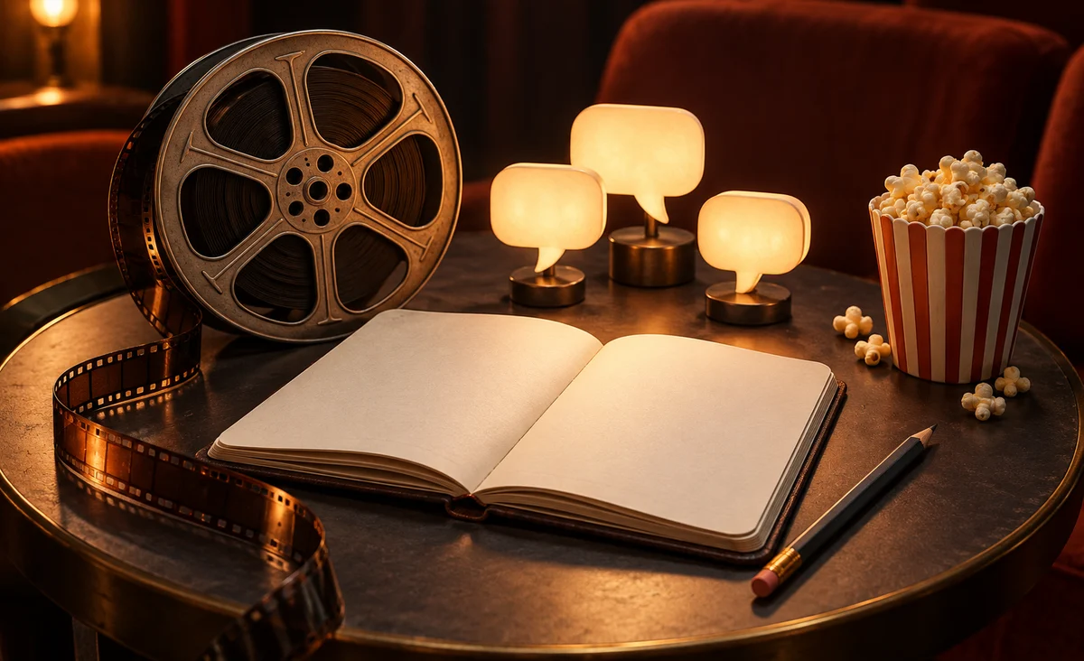 Un cuaderno en blanco abierto y un lápiz junto a un carrete de película y tres pequeñas esculturas de burbujas de discurso brillantes en una mesa auxiliar de cine; marfil, grafito y naranja cálido.