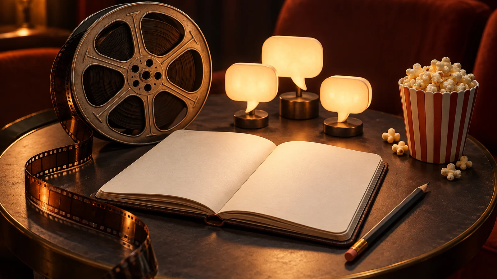 Un cuaderno en blanco abierto y un lápiz junto a un carrete de película y tres pequeñas esculturas de burbujas de discurso brillantes en una mesa auxiliar de cine; marfil, grafito y naranja cálido.