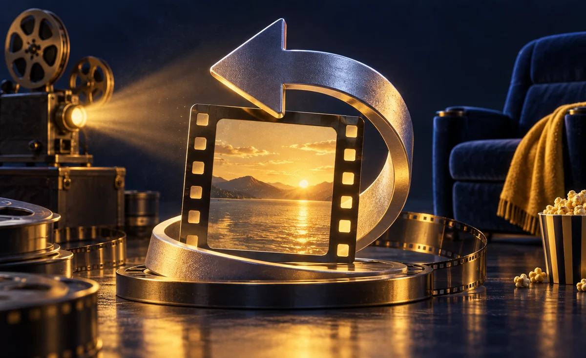 Una flecha de rebobinado escultural que se curva alrededor de un cuadro de película luminoso, un proyector compacto y una silla de cine al fondo; índigo, plata y amarillo dorado.