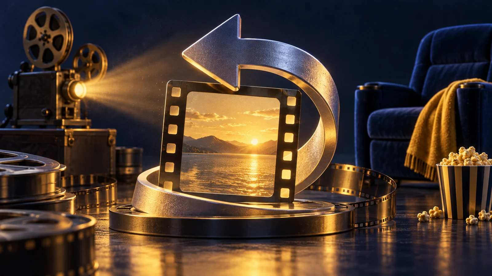 Una flecha de rebobinado escultural que se curva alrededor de un cuadro de película luminoso, un proyector compacto y una silla de cine al fondo; índigo, plata y amarillo dorado.