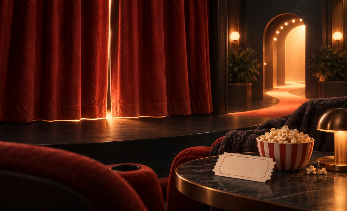 Una cortina de cine que se cierra suavemente con un camino cálido que conduce hacia una segunda puerta que brilla suavemente, un futuro boleto en blanco sobre una mesa; carbón, coral y crema.