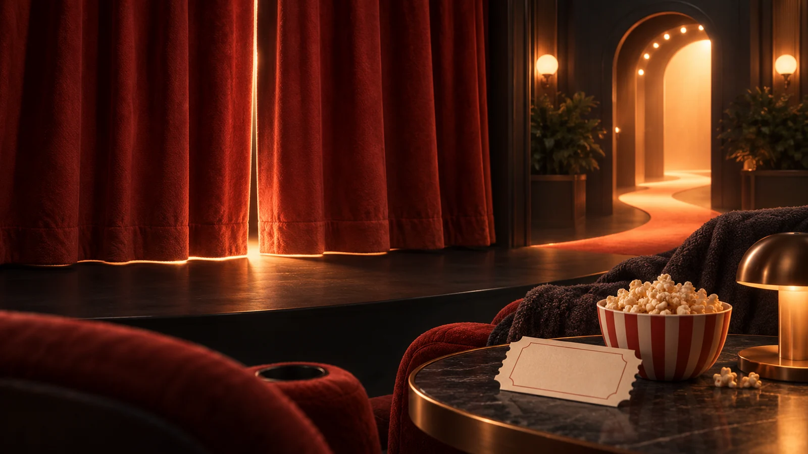 Una cortina de cine que se cierra suavemente con un camino cálido que conduce hacia una segunda puerta que brilla suavemente, un futuro boleto en blanco sobre una mesa; carbón, coral y crema.