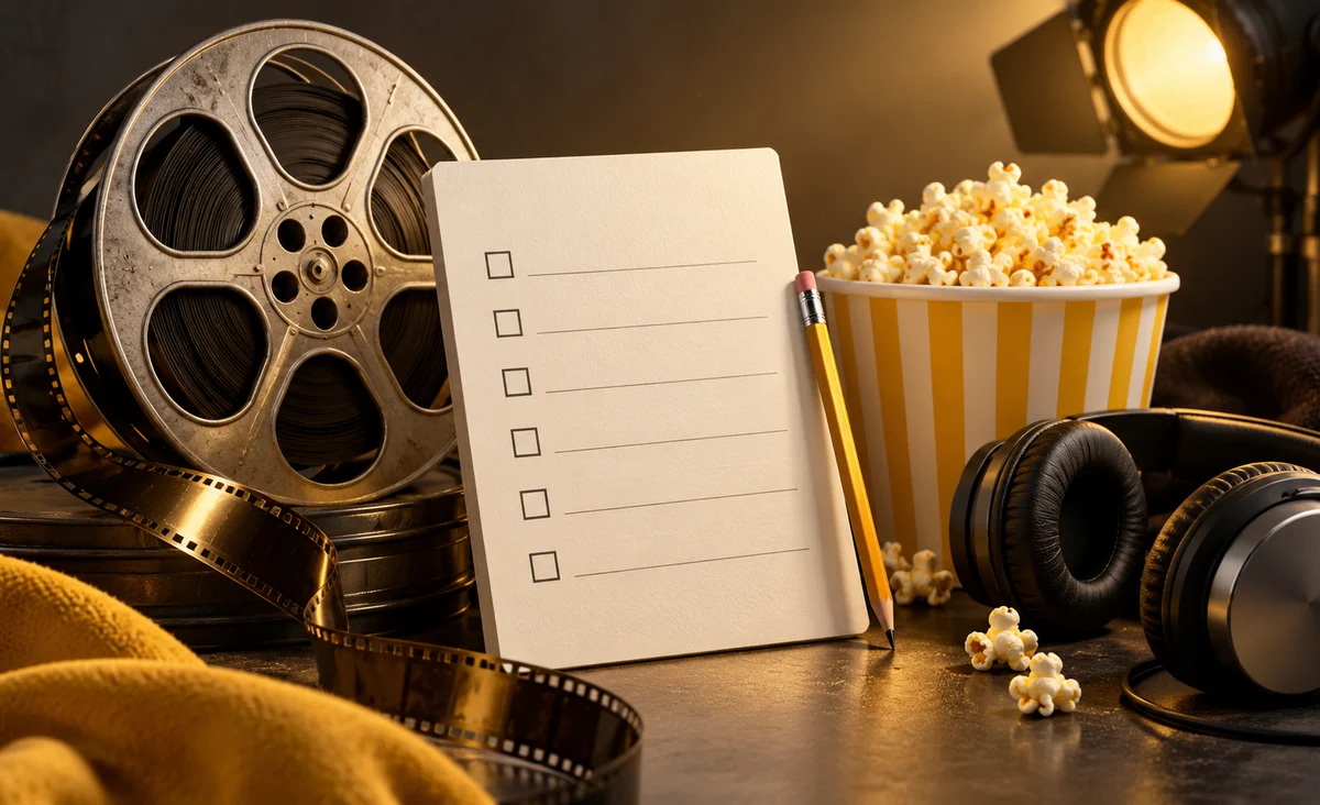 Un bodegón ordenado de preparación cinematográfica con una tarjeta de lista de verificación en blanco, lápiz, carrete de película, auriculares y palomitas de maíz bajo un cálido foco; marfil, carbón y amarillo brillante.